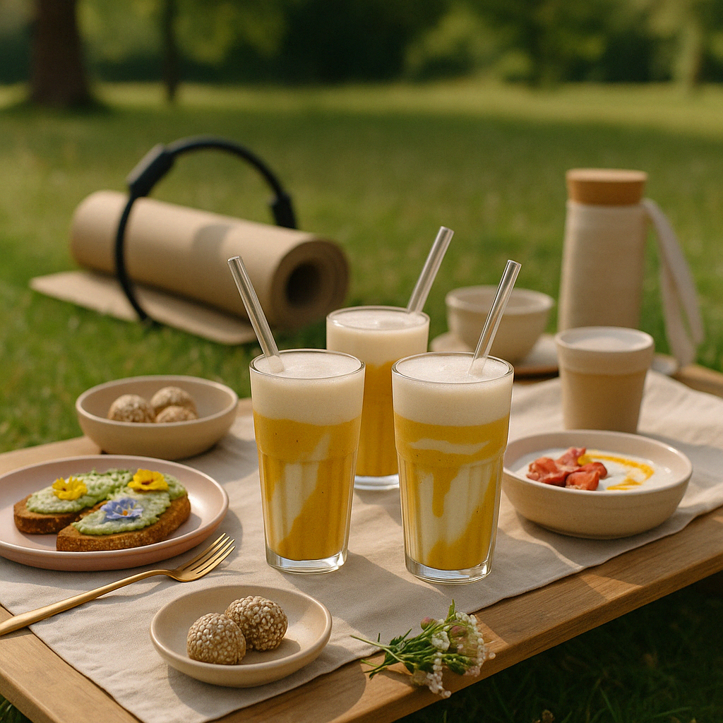 Golden cold BLISSDBRU drinks in tall glasses on a park picnic table with avocado toast, energy bites and a yoga mat in the grass
