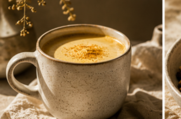 A ceramic mug of golden latte dusted with warm spice