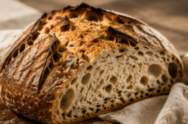 A rustic artisan loaf on an oak board