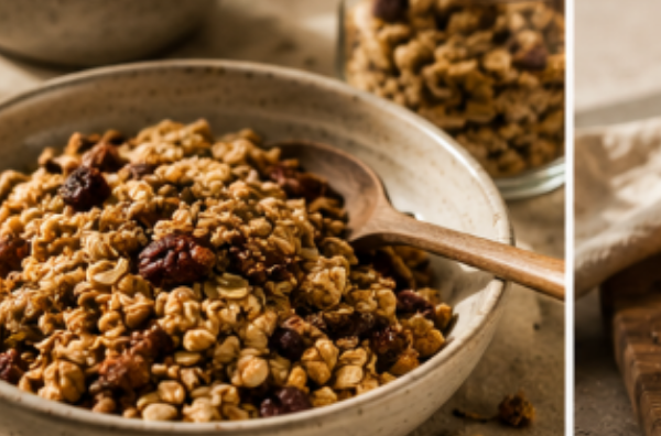 A bowl of toasted granola in soft daylight