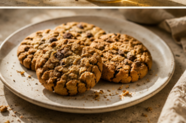 Freshly baked oat cookies on a linen napkin