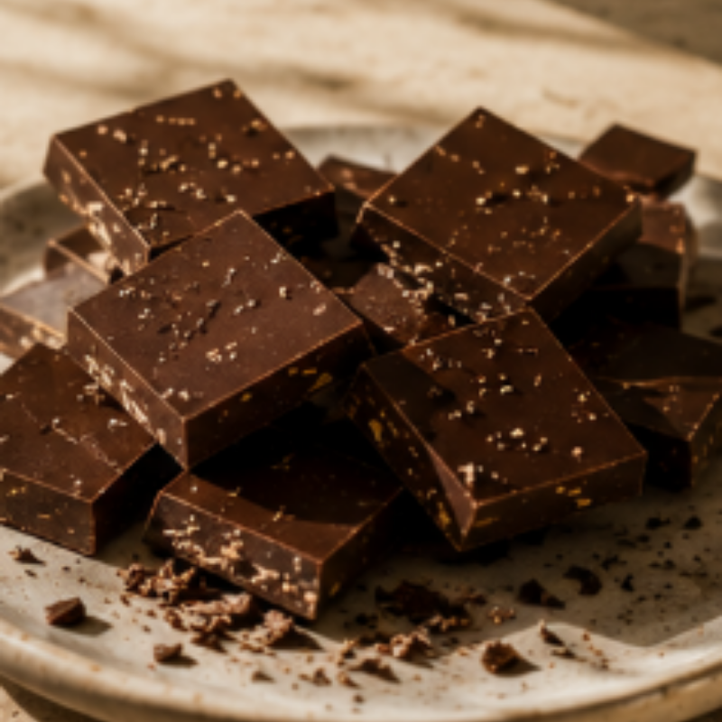 Broken squares of dark spiced chocolate