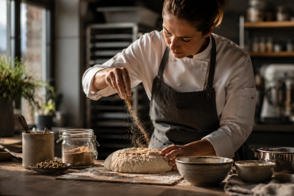 A chef gently dusting BLISSDBRU over a shaped dough loaf in a modern test kitchen.