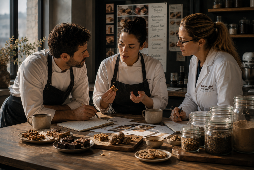 Three collaborators — chef, product developer and food scientist — tasting and discussing baked prototypes together at a wooden work table.