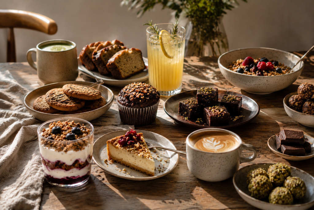 A wide editorial spread of finished foods made with BLISSDBRU — artisan baked goods, an elegant beverage, granola and premium desserts on a wooden table in warm natural light.