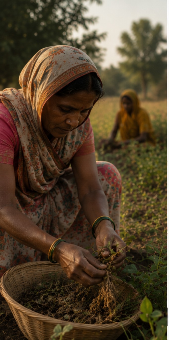A woman farmer’s hands cradling freshly harvested Ayurvedic botanicals — ashwagandha, turmeric, cardamom, moringa