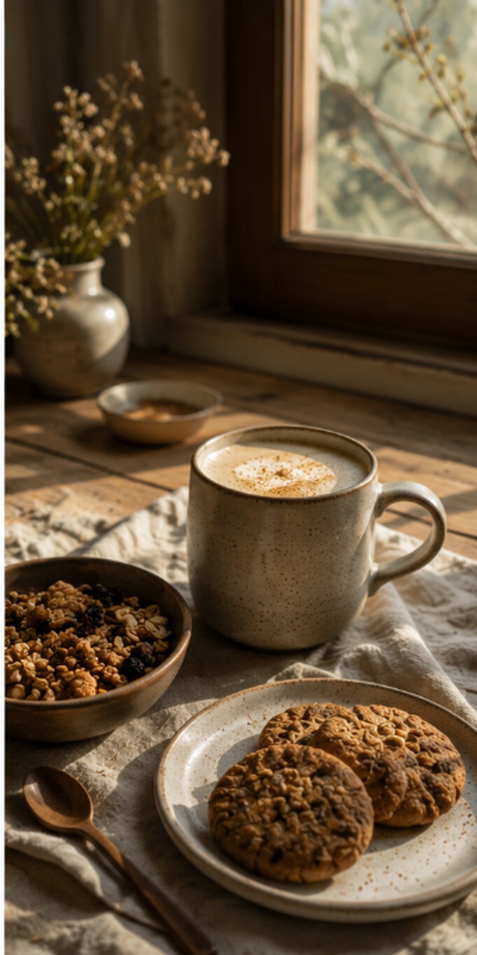 A warm morning ritual — ceramic cup with amber tea, dried cardamom and rose, on aged oak