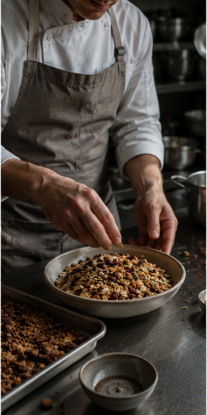 A chef finishing a warm baked good with a small brass spoon of golden BLISSDBRU powder