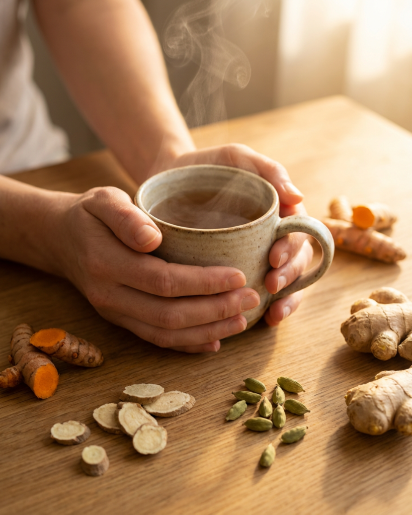 Two hands wrapped around a warm handcrafted ceramic mug of golden milk, with fresh turmeric, ginger, cardamom pods and ashwagandha slices on a wooden table in soft morning light.