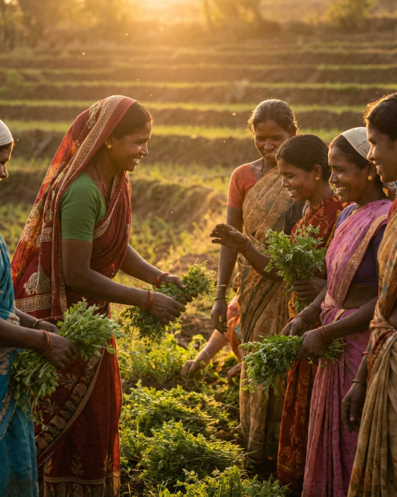 A group of Indian women in colourful saris gathered together in a field at golden hour, holding freshly harvested green herbs, smiling and working alongside one another.