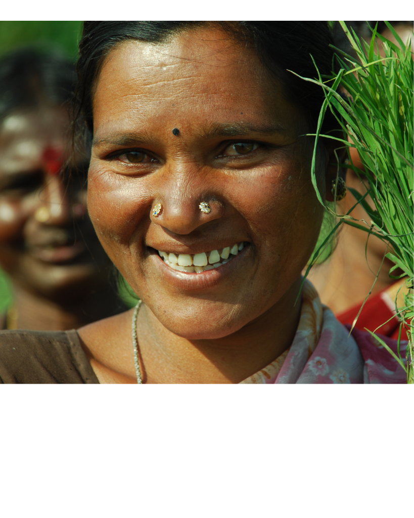 Close portrait of a smiling Indian woman from the Ayurvedic processing cooperative, holding fresh green herbs beside her